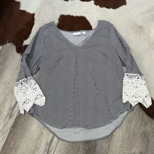 New York & Company Black Striped Blouse with Lace Cuffs